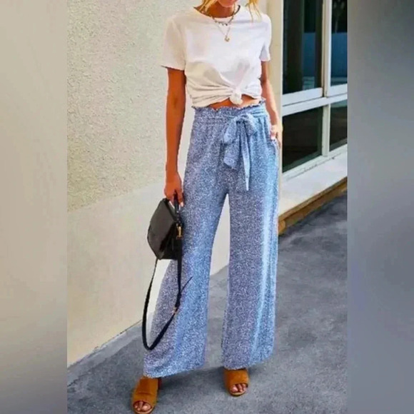 Coastal Chic Print Wide Leg Drawstring Pants Ocean Blue Womens size L - Picture 1 of 6